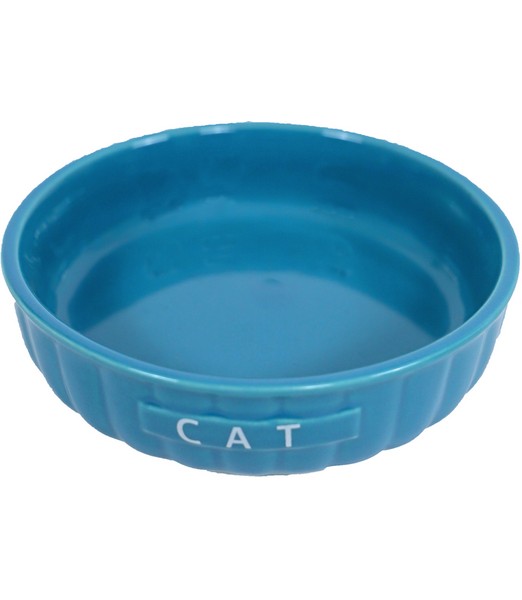 Drinkschaaltje steen kat ribbel blauw 14 cm     