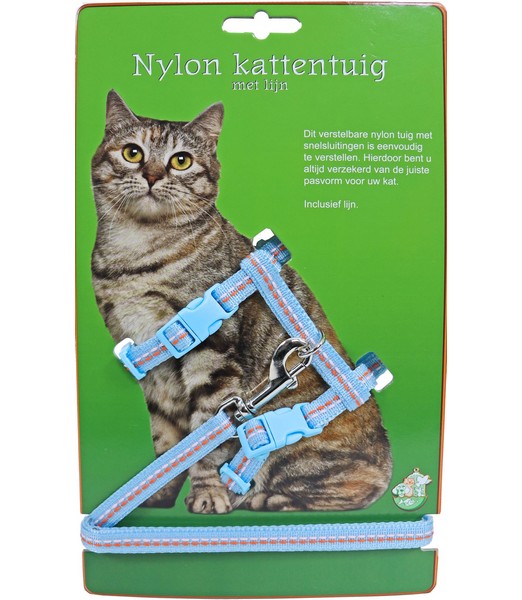 Kattentuig met lijn nylon blauw+stiksel 