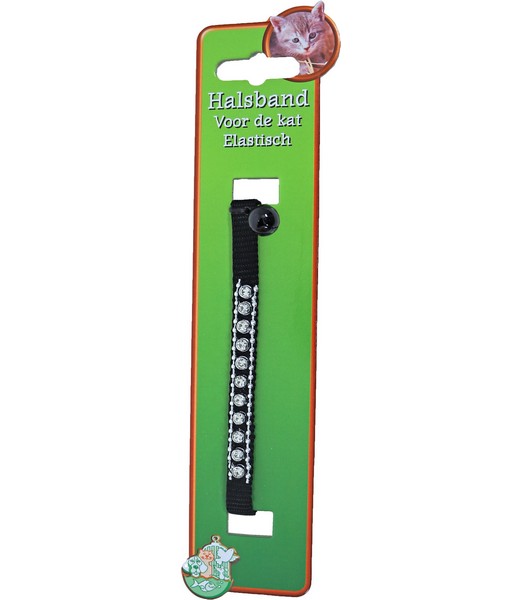 Kattenhalsband nylon met steen zwart    